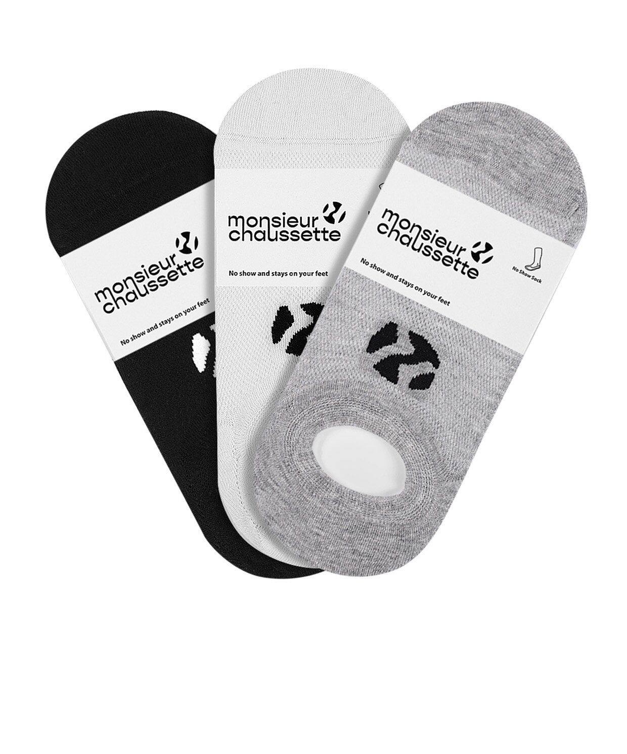 resm Monsieur Chaussette No Show Black White Grey Socks 3lü Paket
