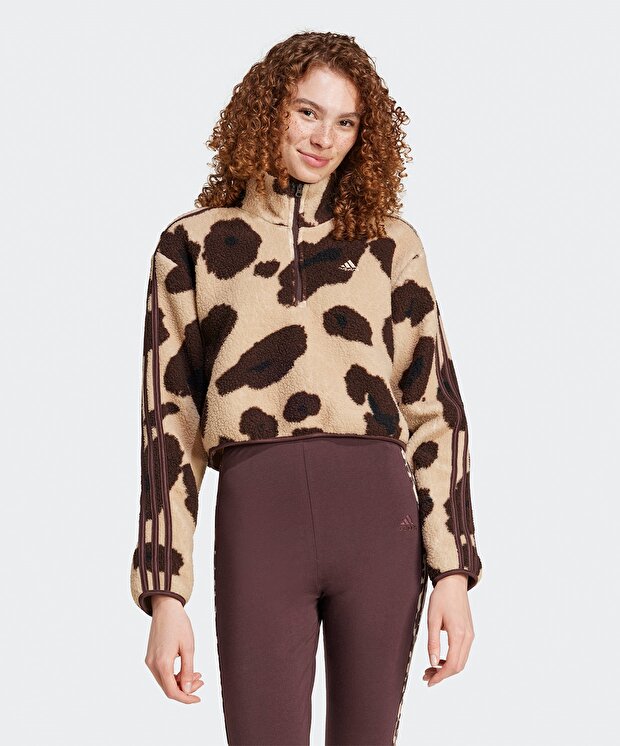 Женский свитшот adidas Essentials 3-Stripes Animal Print High Pile Cropped 1/4 Zip Top